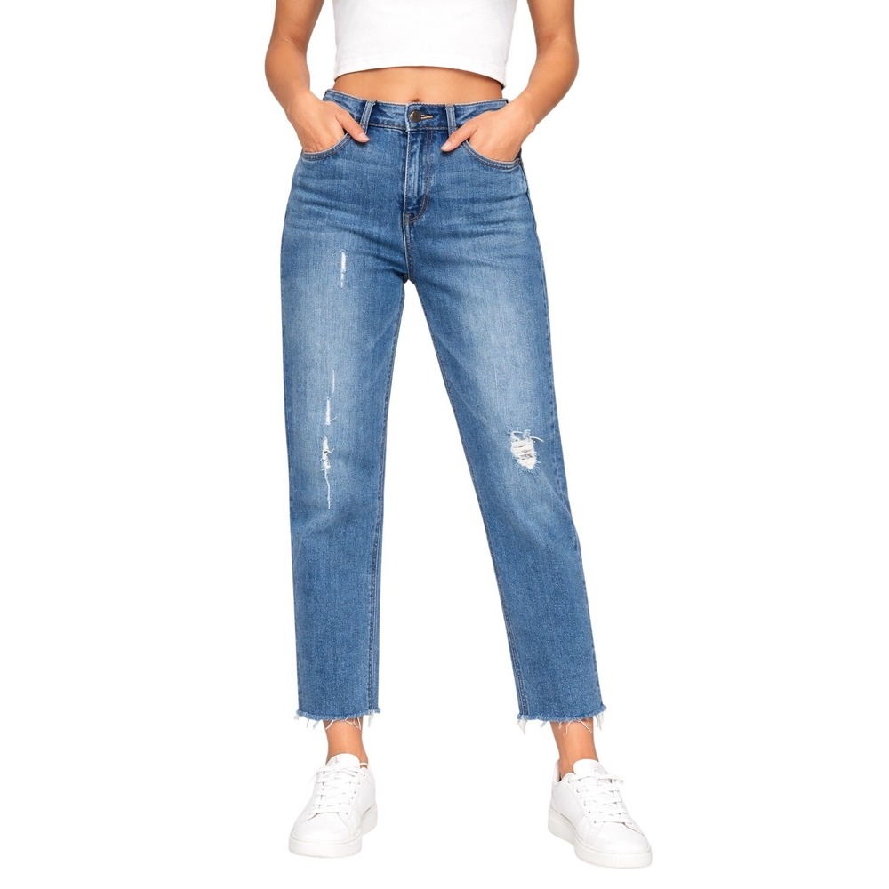 STS Blue Alicia Mom Jeans Size 28‎ Distressed Raw Hem Denim Ankle Cropped